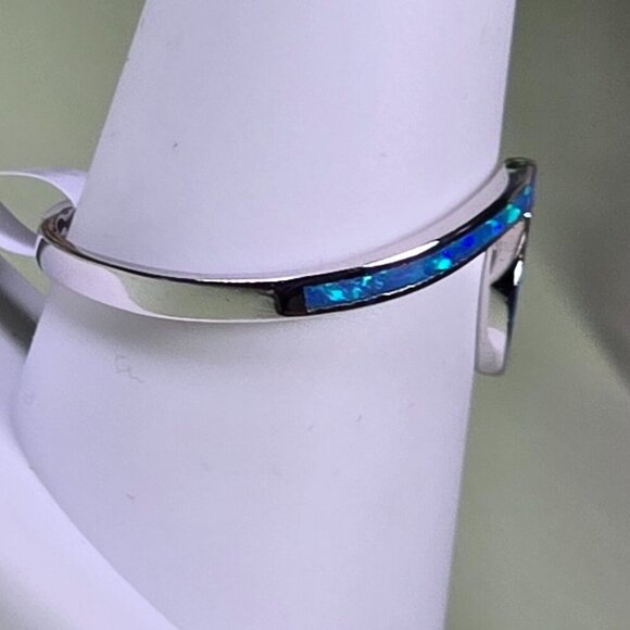 Sterling Silver Wave Ring With Simulated Blue Opal Inlay Size 10 - Picture 3 of 7